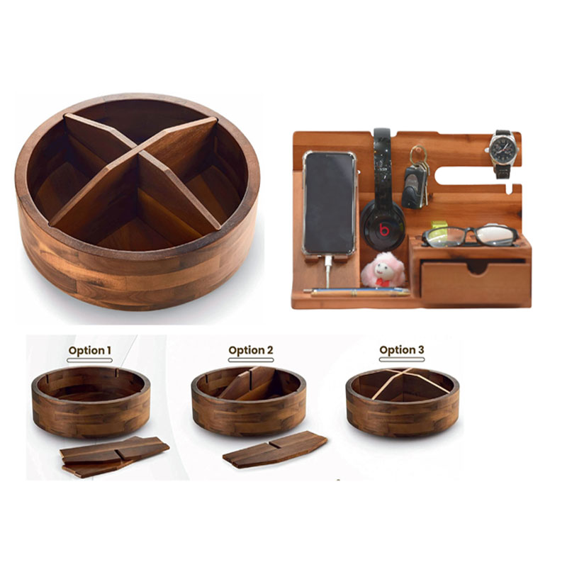 Acacia lazy susan organizer with 4 dividers