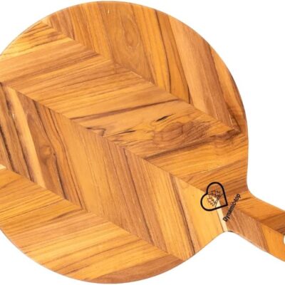 Teak Cutting Board for Kitchen, 15.75 x 11.8 x 0.7 inch Round Wooden Cutting Board with Handle, Non Toxic Wood Cutting Board for Prep, Serving & Gifting