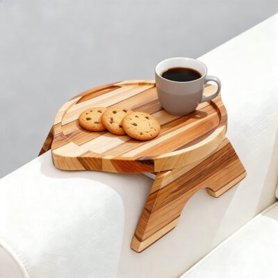 Teak Wood Couch Tray Table, Folding Sofa Armrest Table with Metal Hinge, Compact TV Tray for Eating on Couch, Couch Side Table for Drinks & Snacks, 11.8" x 9.8" x 3.9"