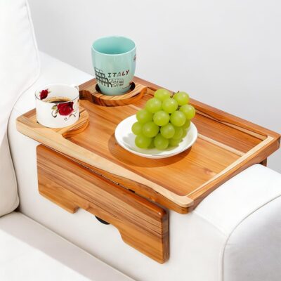 Teak Wood Couch Tray with Dual Cup Holders, Couch Armrest Table, 2-in-1 Detachable Anti-Slip Foldable Sofa Arm Tray for TV Dinners, Drinks, Snacks & Remotes – 16.93" × 3.74" × 12.01"