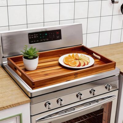 Teak Wood Noodle Board Stove Cover with Handles for Gas & Electric Stoves, Wooden Stovetop Cover Tray for Counter Space, Serving, Cutting Board & Kitchen Decor, 29.5" x 21.6"