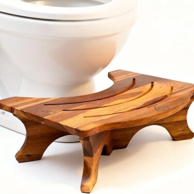 U-Shaped Teak Wood Toilet Stool for Adults, Stool Bathroom Foot Rest, Ergonomic Curved Slotted Top, Solid Wood Bathroom Step Stool, 15.75" W × 10.08" D × 5.12" H, 250 lbs Capacity
