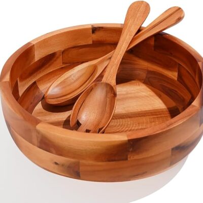 12" Acacia Wooden Salad Bowl Set with Serving Utensils, Large Salad Serving Bowl with 2 Wood Hands for Fruits, Salad & Pasta, Wooden Bowls Decorative