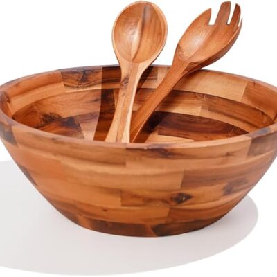 12.6" Acacia Wooden Salad Bowl Set with Serving Utensils, Large Salad Serving Bowl with 2 Wood Hands for Fruits, Salad & Pasta, Wooden Bowls Decorative
