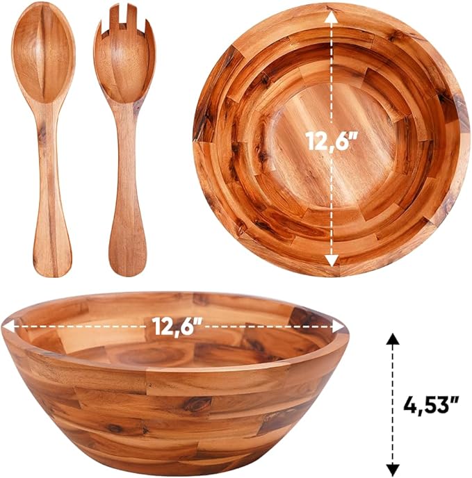 Acacia Wooden Salad Bowl Set With Serving Utensils 02