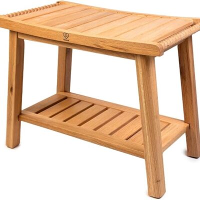 24" Shower Bench with Shelf & Handles, Solid American Red Oak Wooden Shower Bench Seat for Inside Shower, Non-Slip Bathroom Bench with Adjustable Legs, 300 lbs Capacity