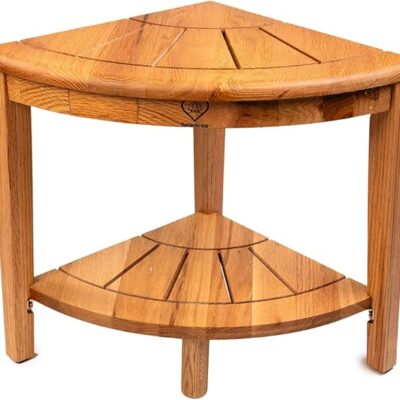 15.75" Teak Corner Shower Bench for Inside Shower, Wooden Shower Stool with Storage Shelf, Shower Foot Rest for Shaving Legs, Non-Slip Adjustable Feet, Waterproof Spa Bathroom Bench