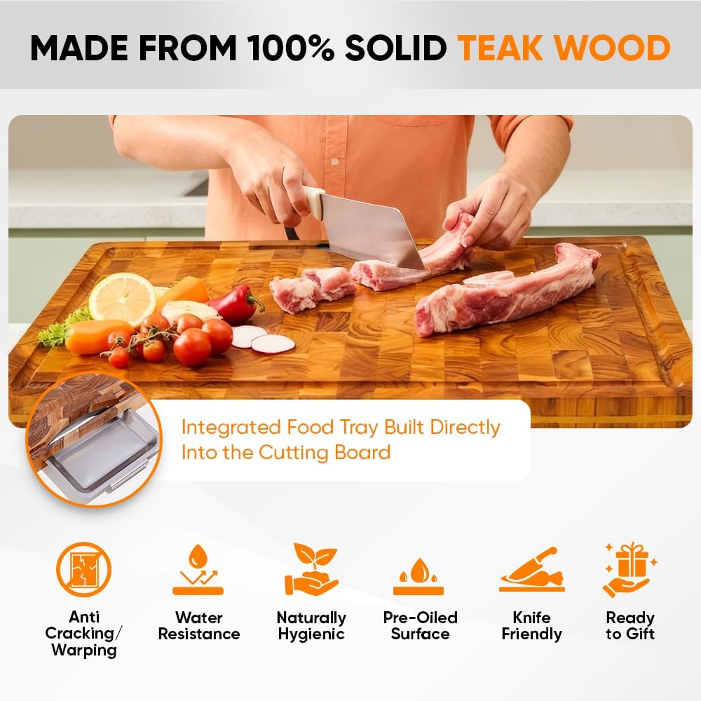 Teak Wood Cutting Board With Built In Tray 3