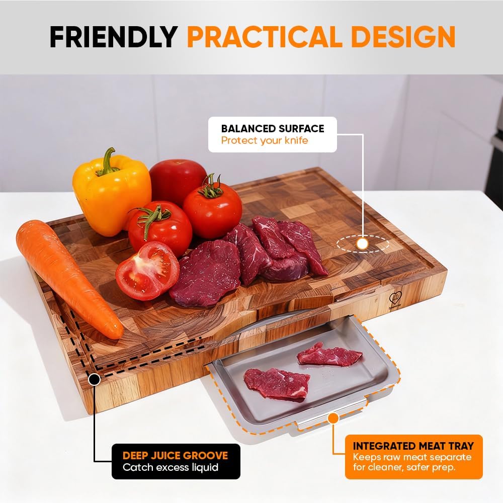 Teak Wood Cutting Board With Built In Tray 4